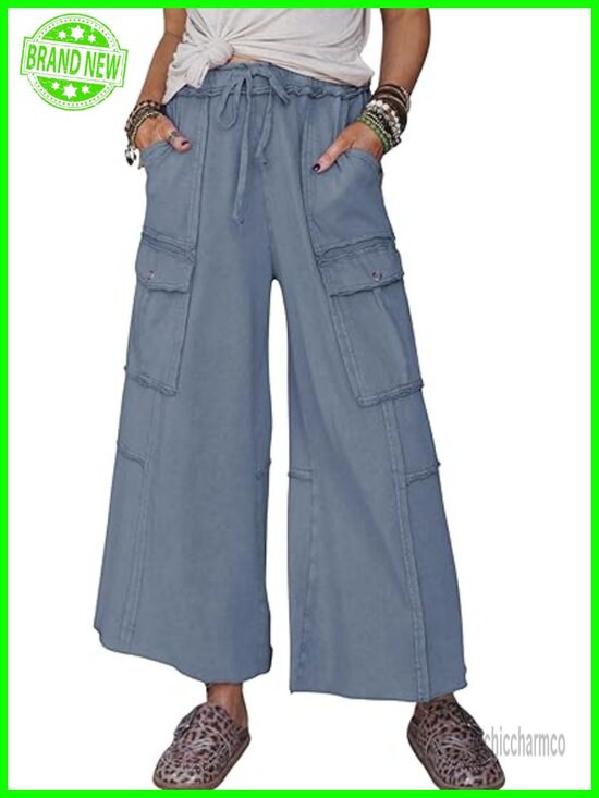 Pants - Wide Leg Acid Wash Sweatpants High Rise Baggy Cargo Drawstring Elastic Waist